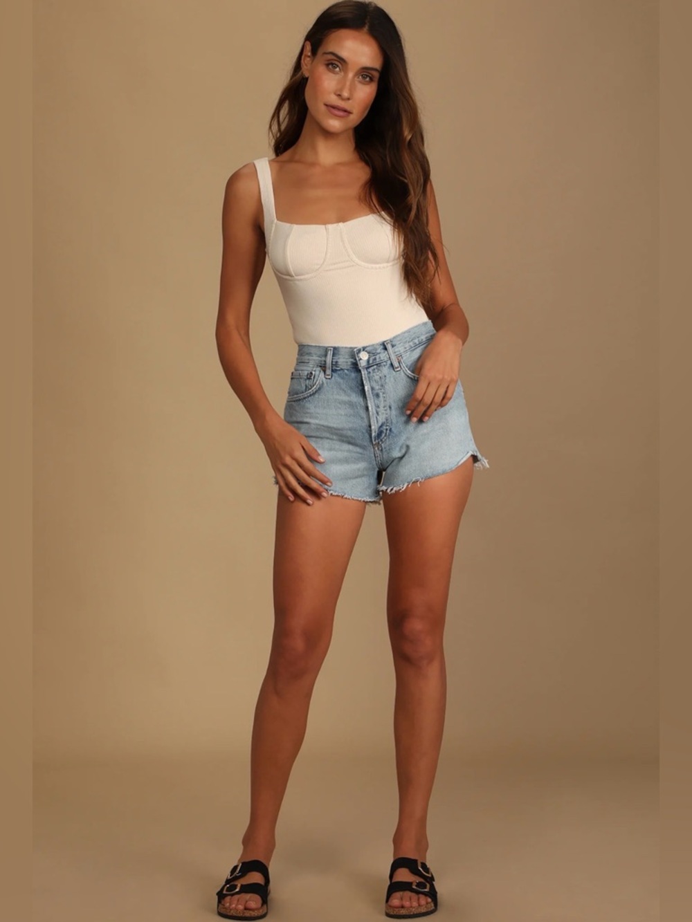 Got that Charm Beige Ribbed Bustier Bodysuit.